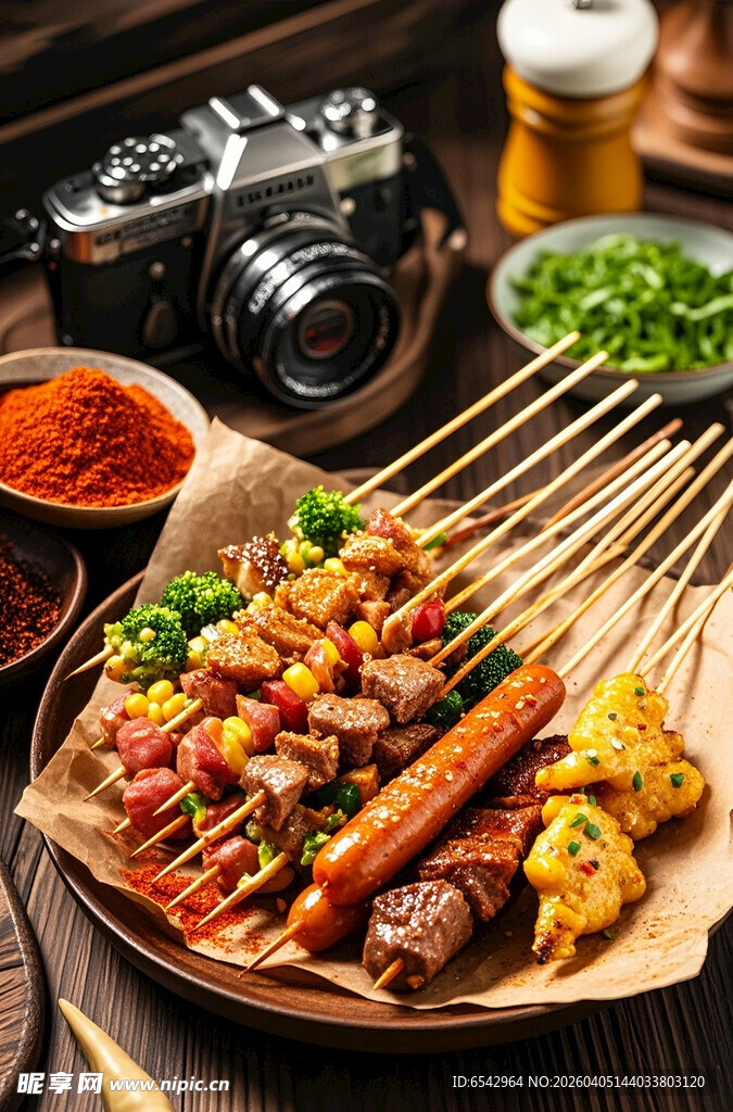 美味烤串与摄影器材同框
