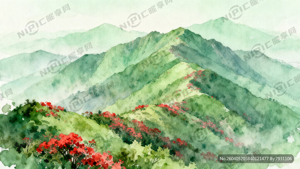 绿色的山体 红色映山红做点缀