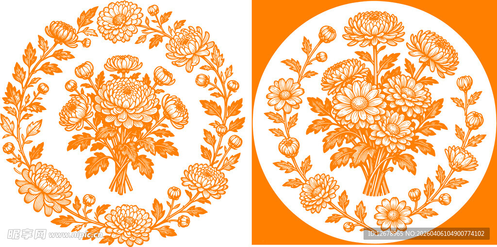 传统剪纸风圆形菊花底纹图案