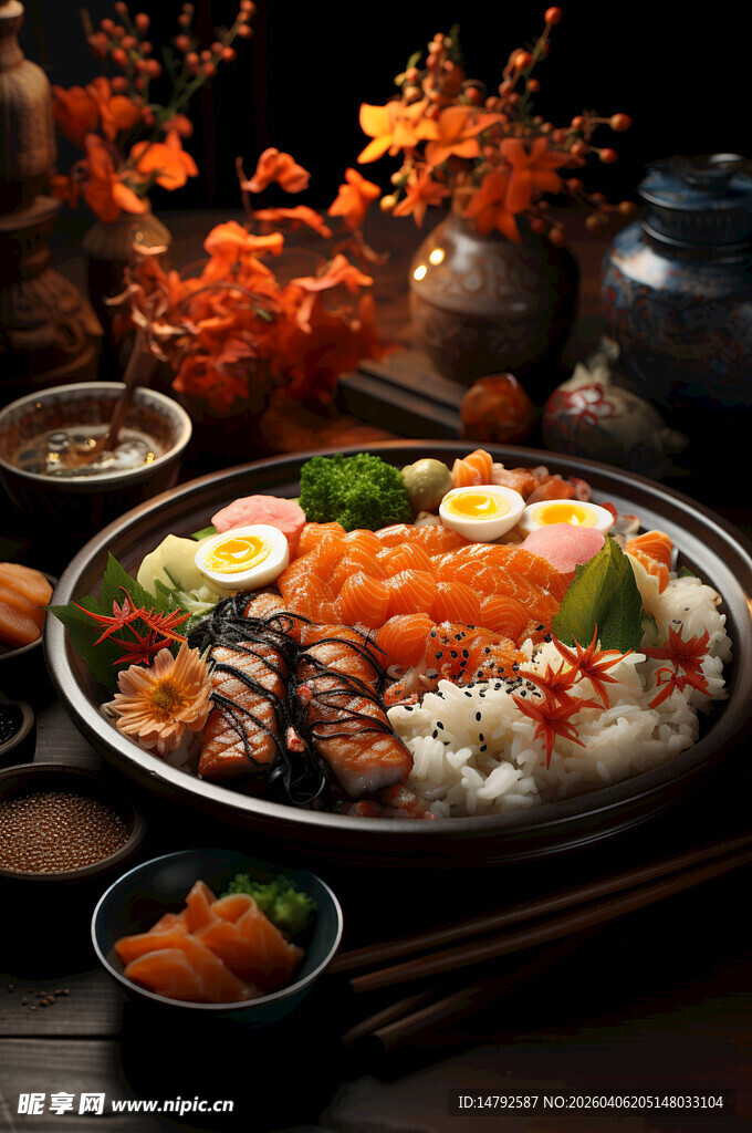 丰盛日式海鲜盖饭美食