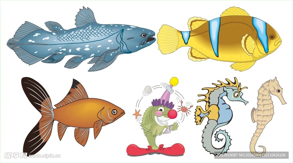 多彩海洋鱼类与海马形象
