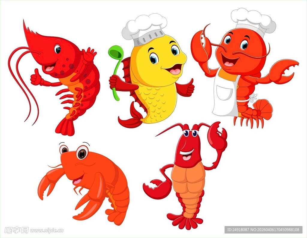 可爱卡通海鲜形象集合 矢量龙虾