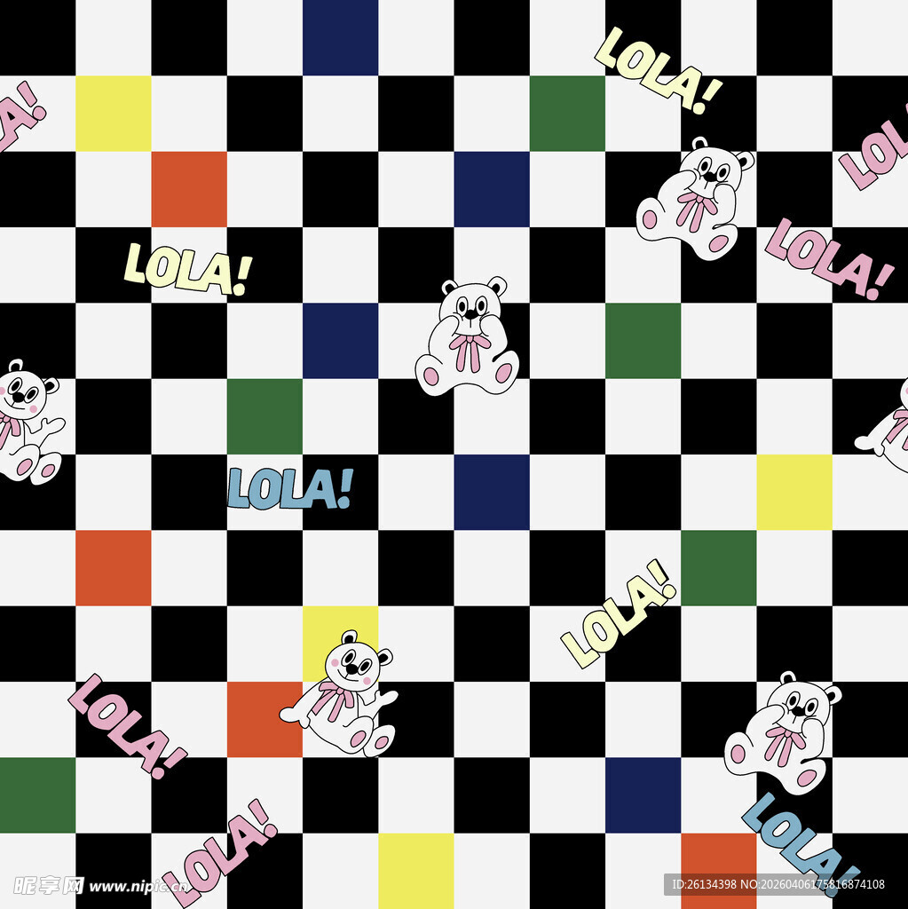 黑白棋盘格上的多彩图案