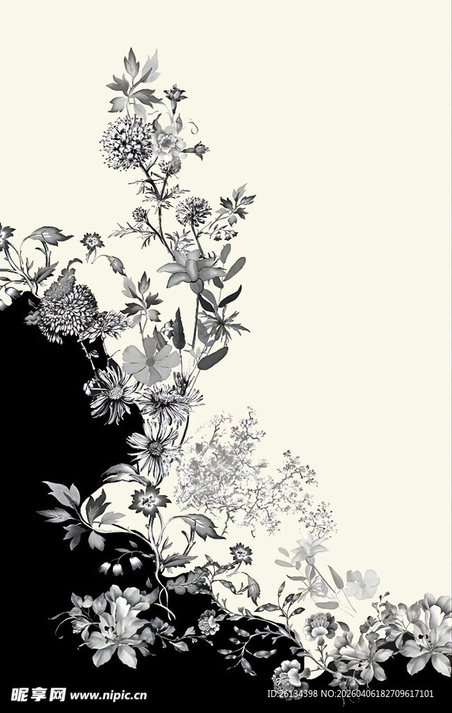 黑白花卉图案设计素材