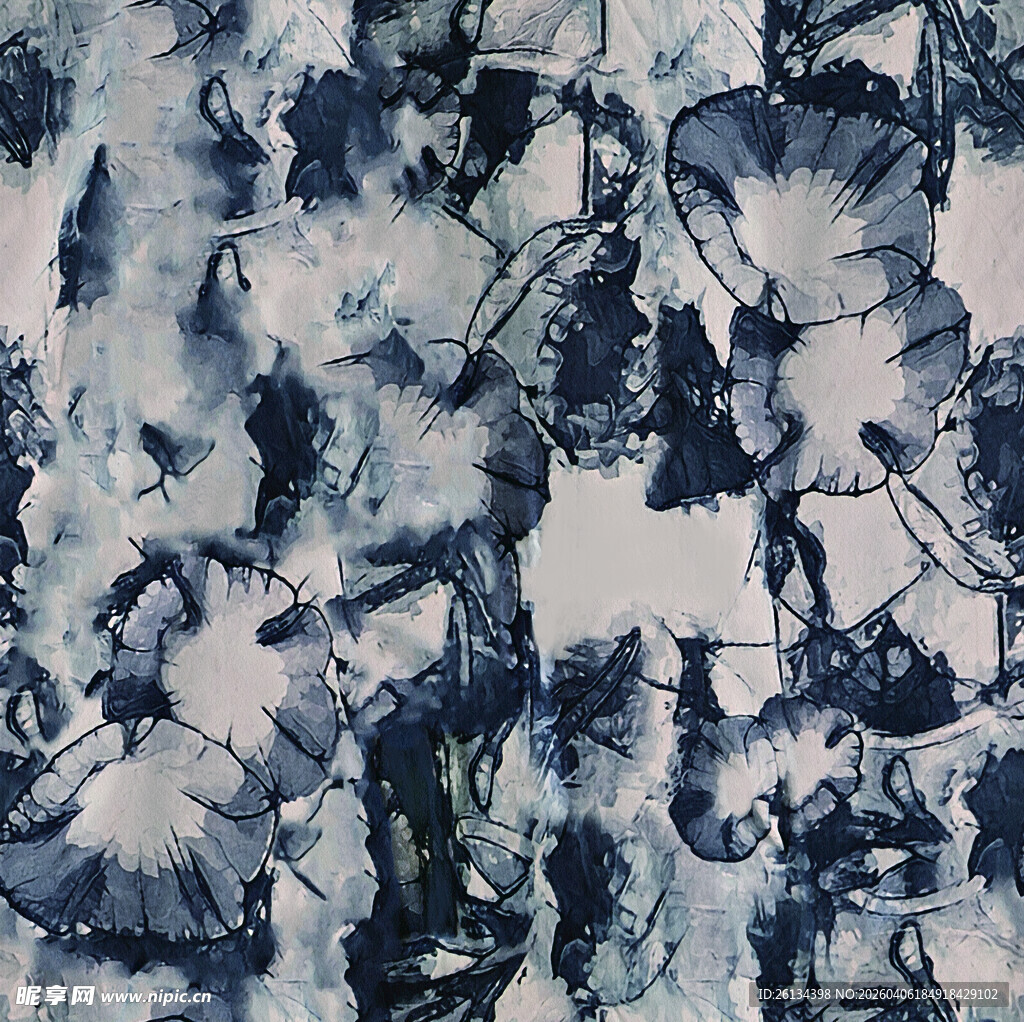 蓝白水墨风花卉图案纹理