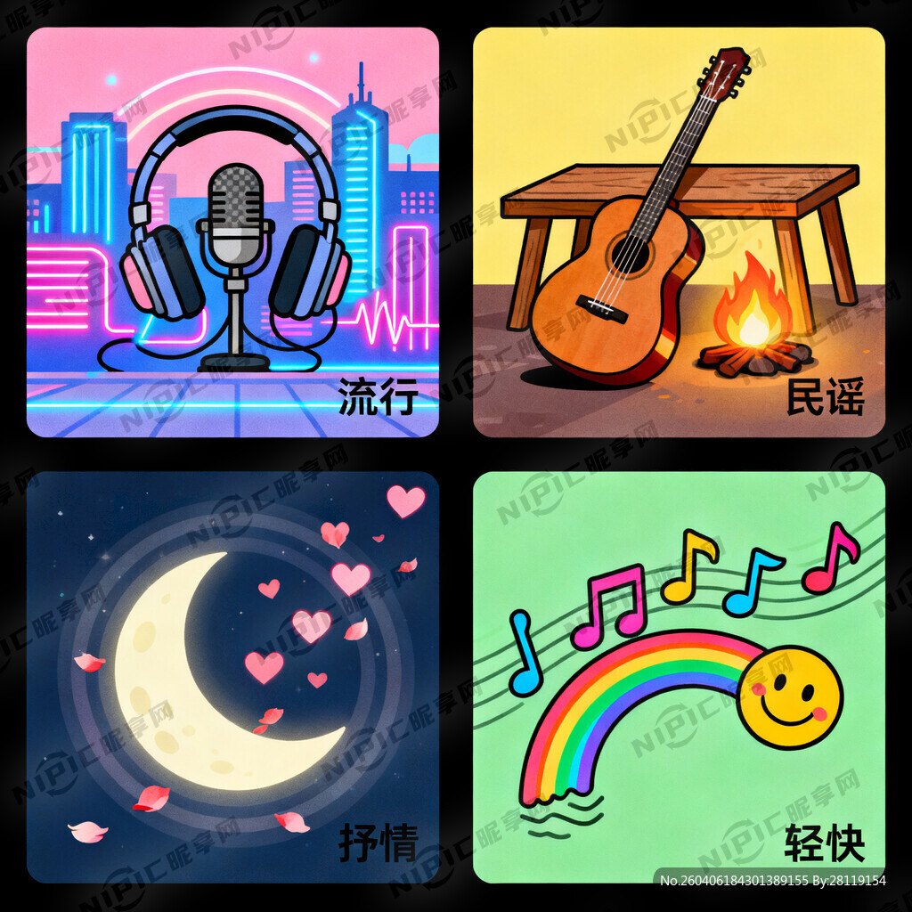 流行、民谣、抒情、轻快4种图案