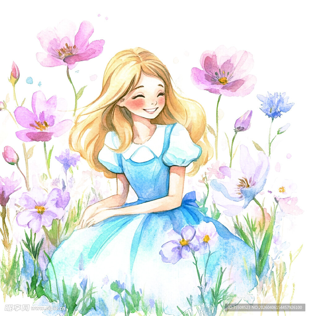 花丛中的蓝裙金发少女