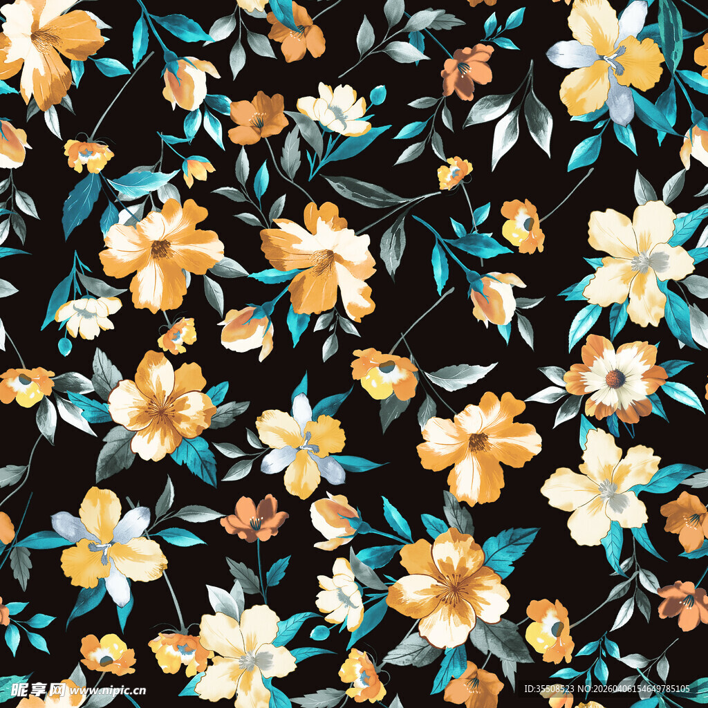 黑色底花卉图案印花