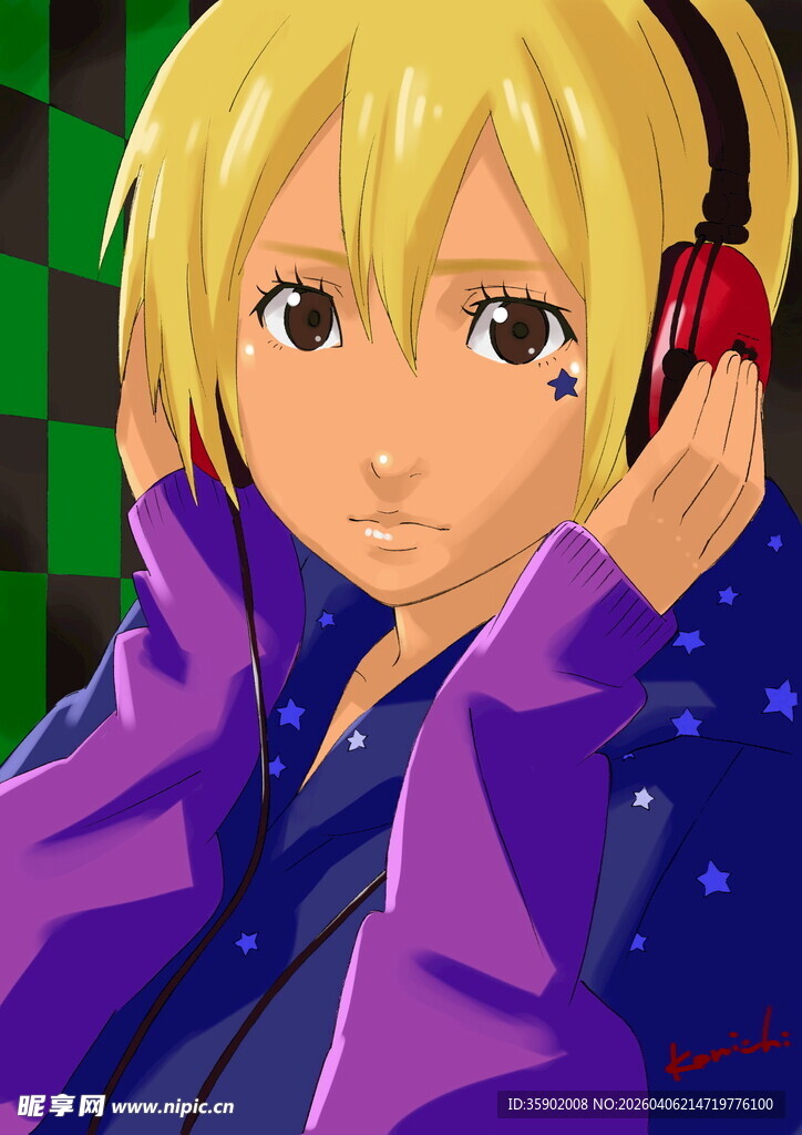 金发紫衣动漫人物持耳机