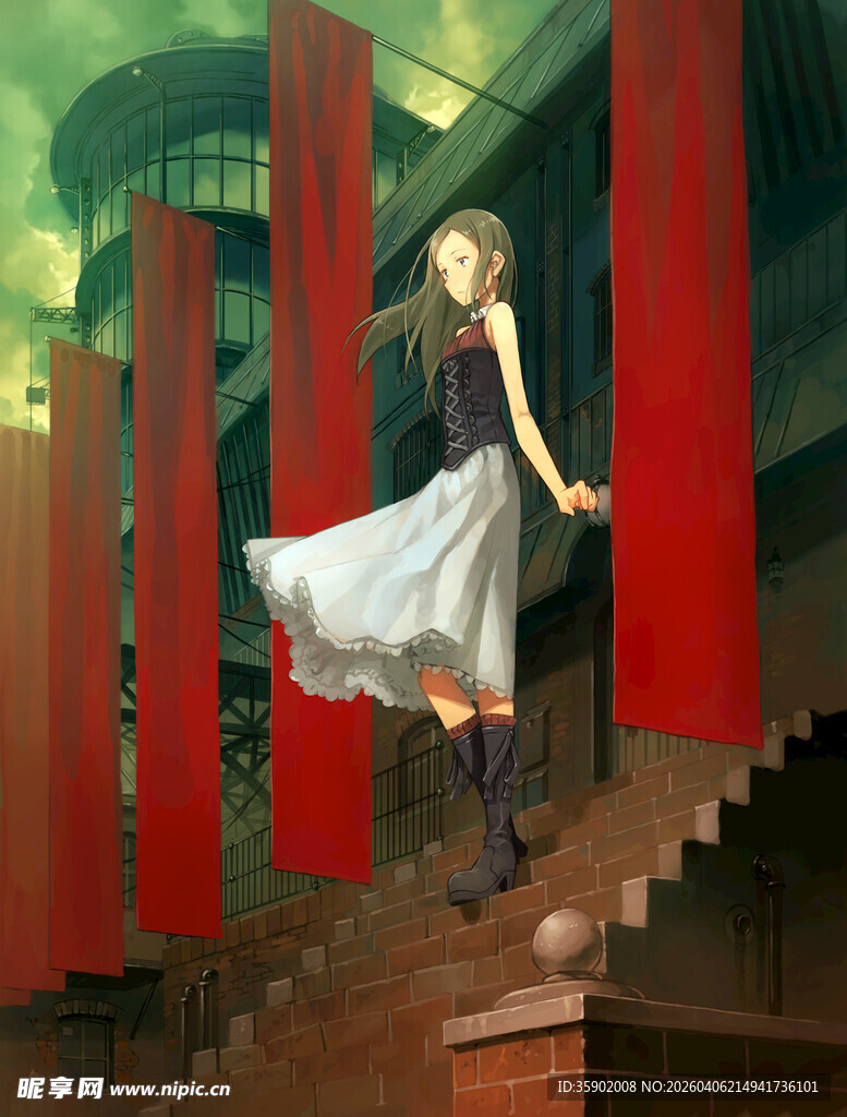 少女于红幕环绕楼梯漫步