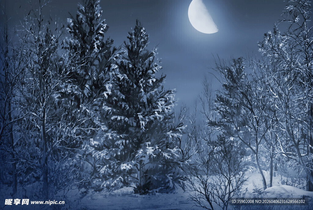 雪夜松林的静谧月光