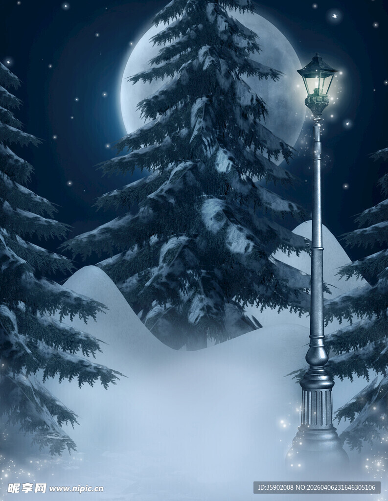 雪夜林间路灯与明月