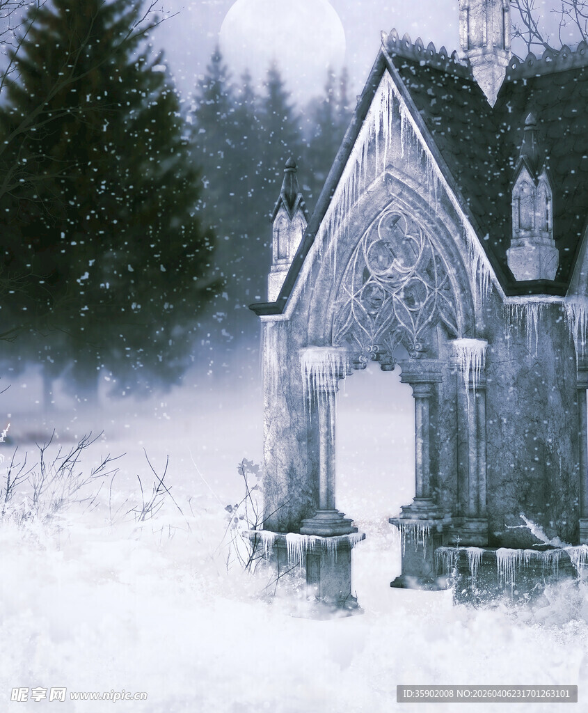 雪覆墓地静谧清冷之景