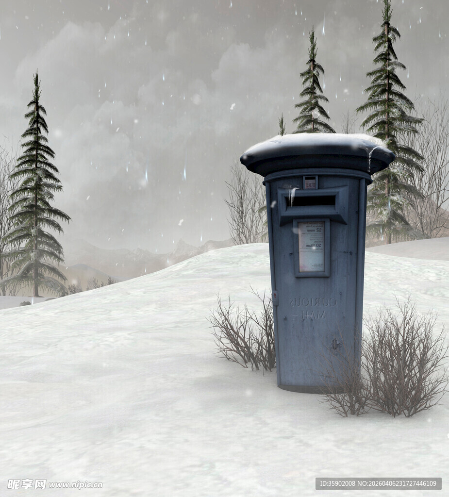 雪地中的蓝色复古邮筒