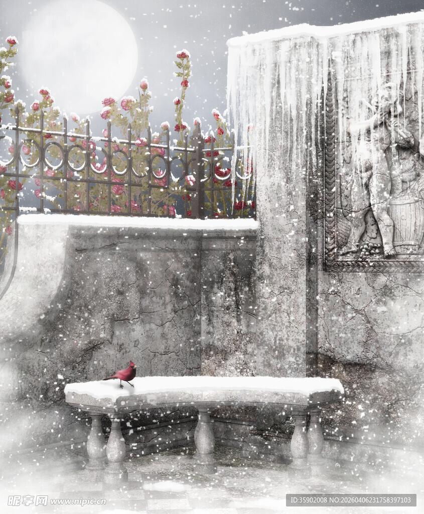 雪覆庭院景孤鸟栖长椅