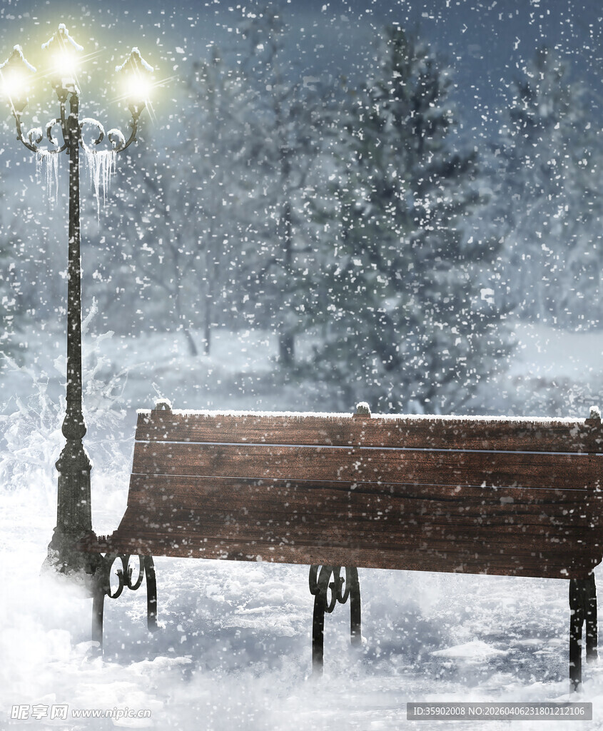 雪天中静谧的长椅路灯景
