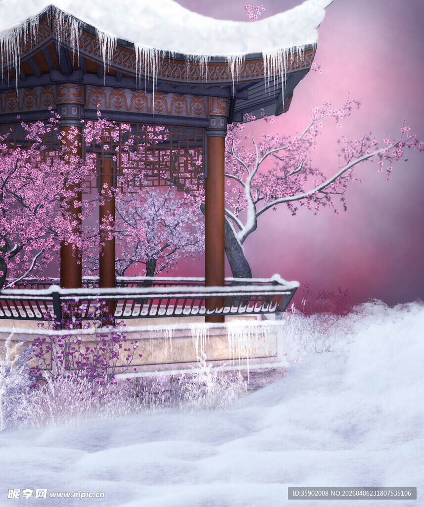 雪中亭畔粉樱如梦