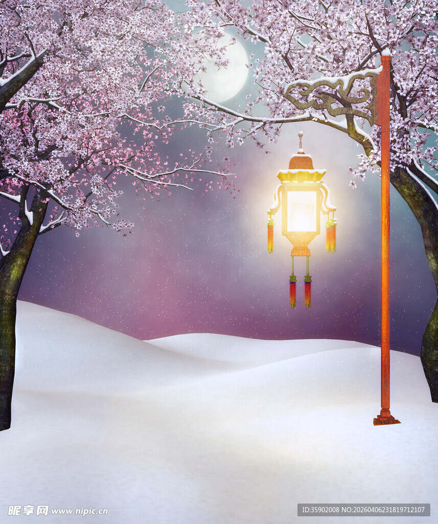 雪夜樱花下的古典灯笼