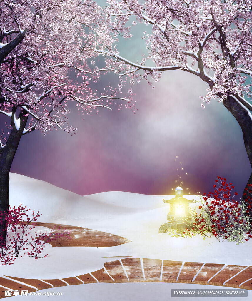 雪中日式樱花夜景小径