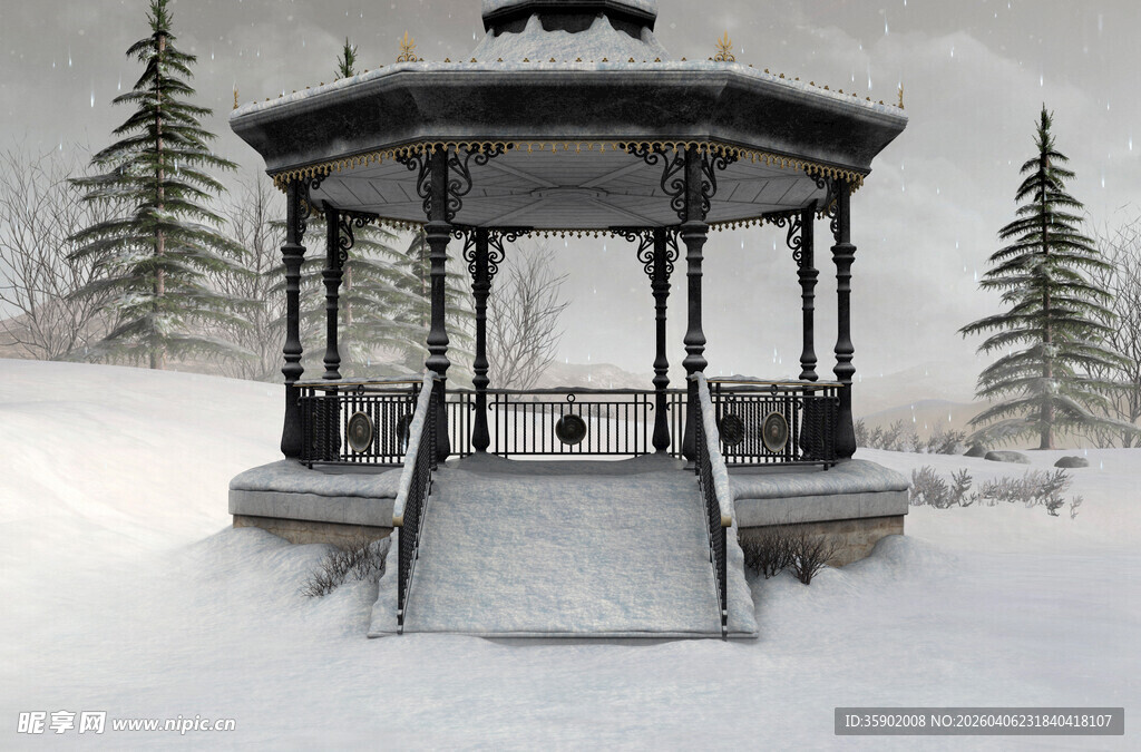 雪覆凉亭冬日静谧景致