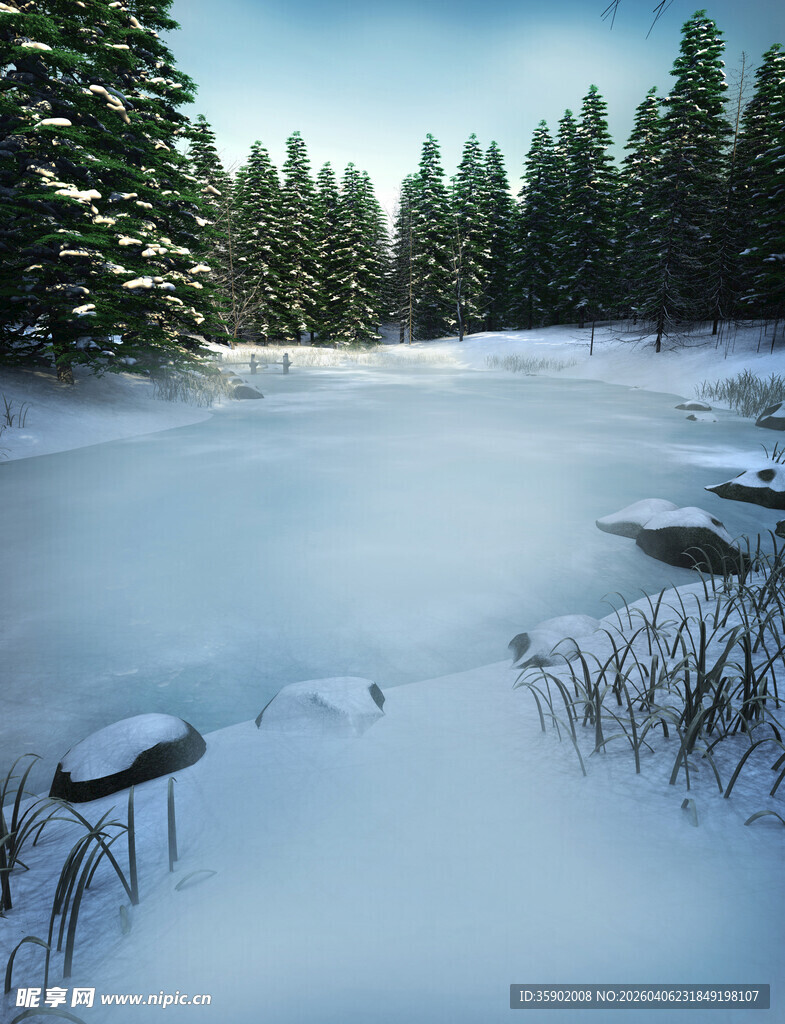 冬日雪覆森林静谧湖景
