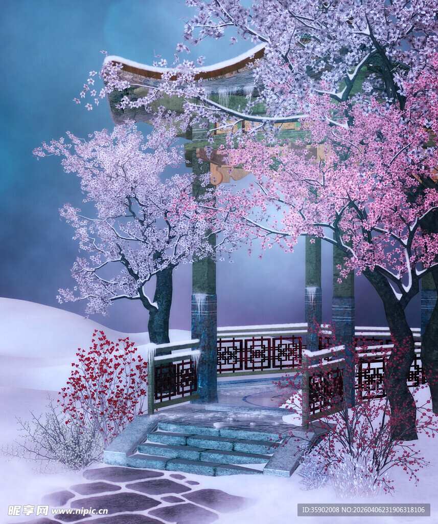 雪中日式樱花牌坊美景