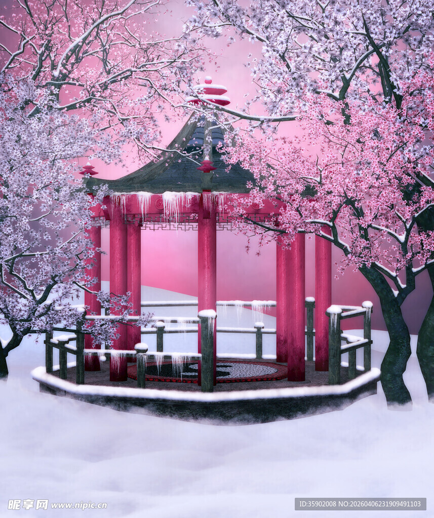 雪中粉樱环绕的浪漫凉亭