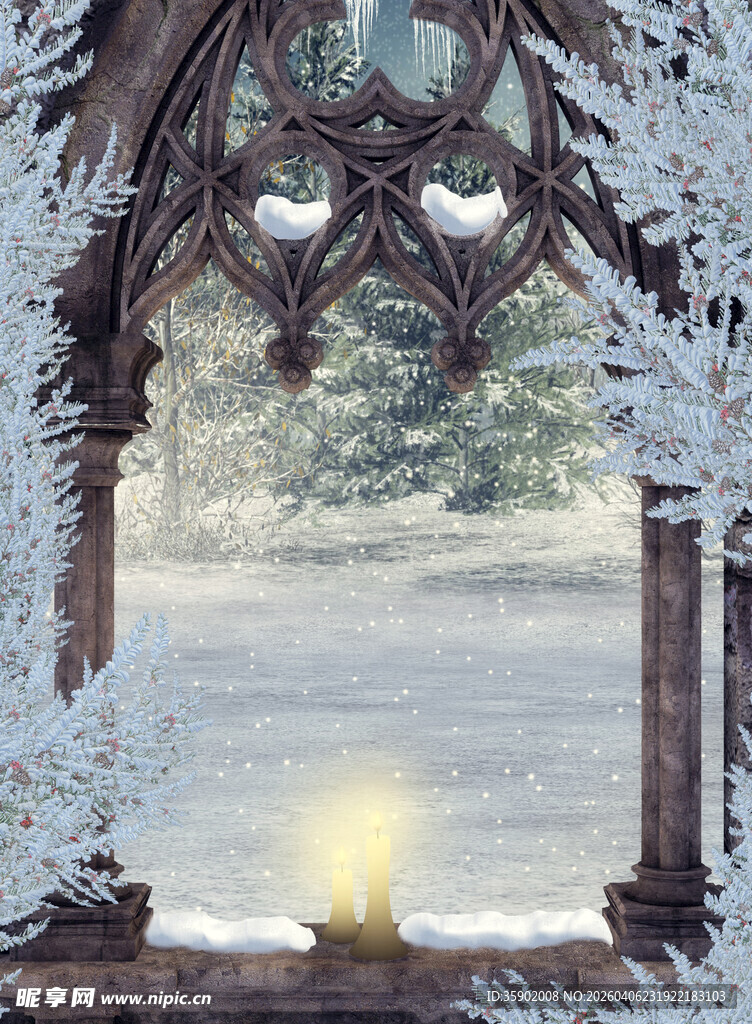 冬日窗边烛光雪景美景