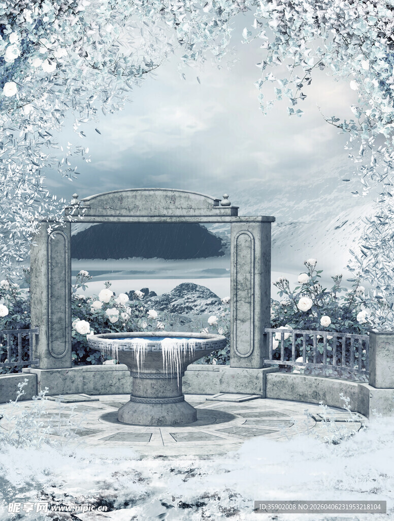 冬日雪景中的古典喷泉景观