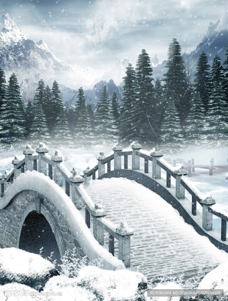 冬日雪覆拱桥山林美景