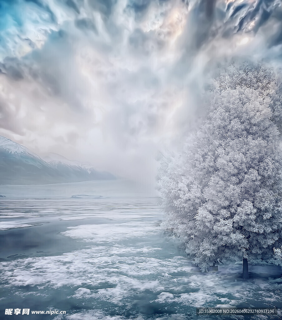 冬日冰雪旷野中的孤树