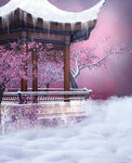 梦幻古风亭台雪景樱花图