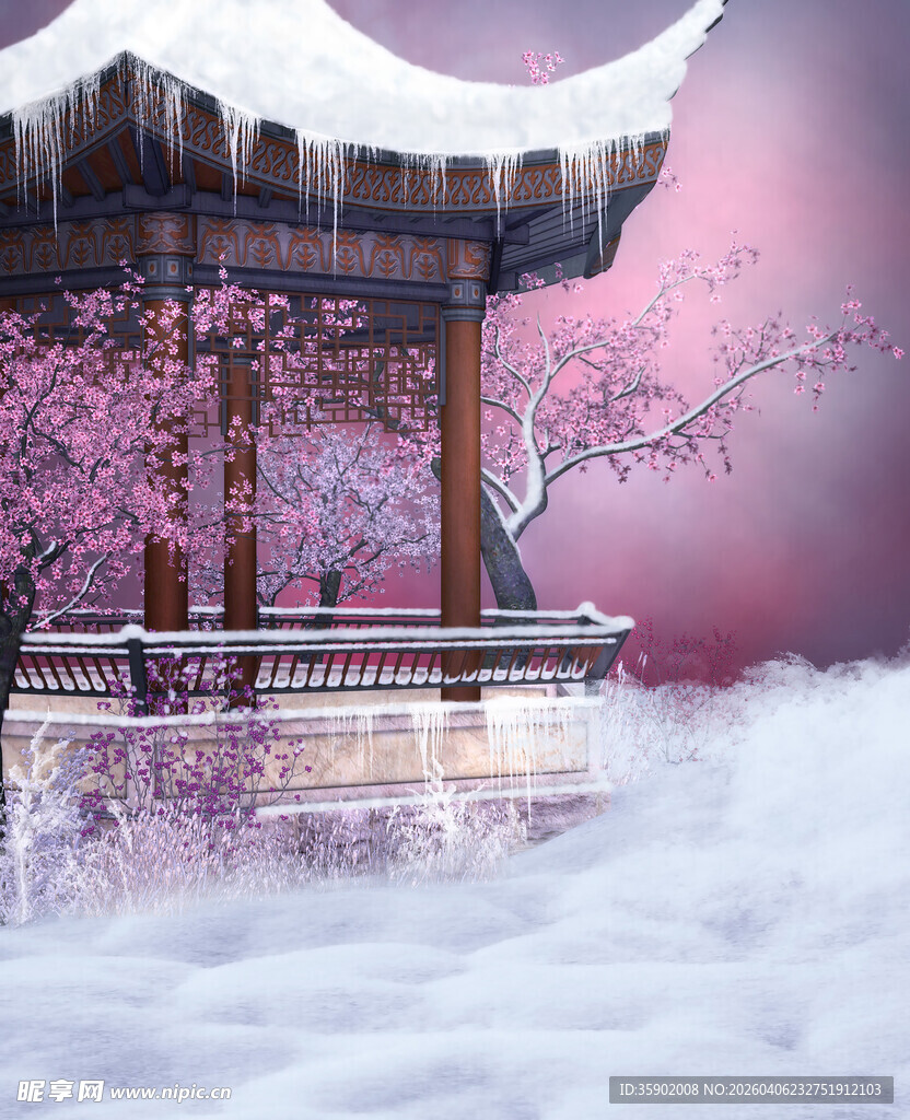 梦幻古风亭台雪景樱花图