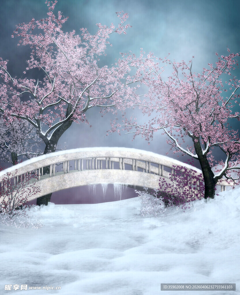 雪中日式樱花桥梦幻景致