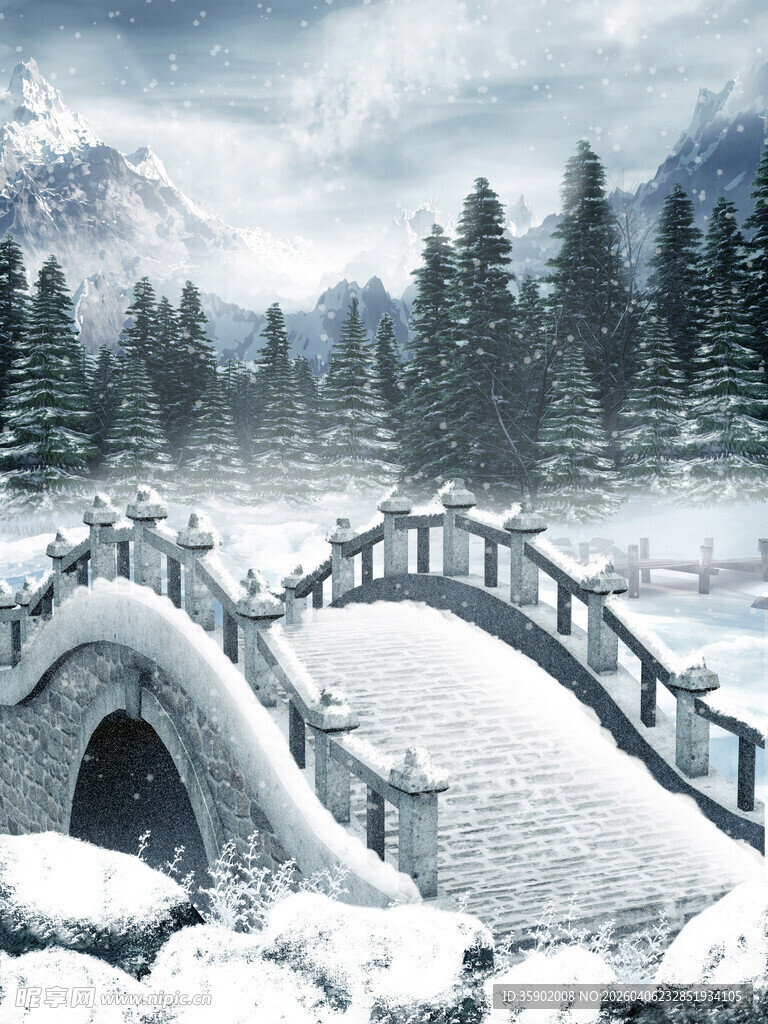 雪覆古桥冬日山林美景