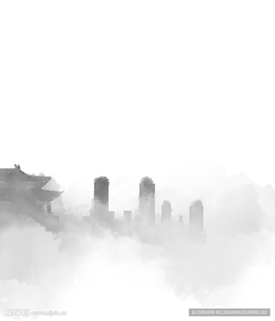 水墨云雾中的城市与古建筑