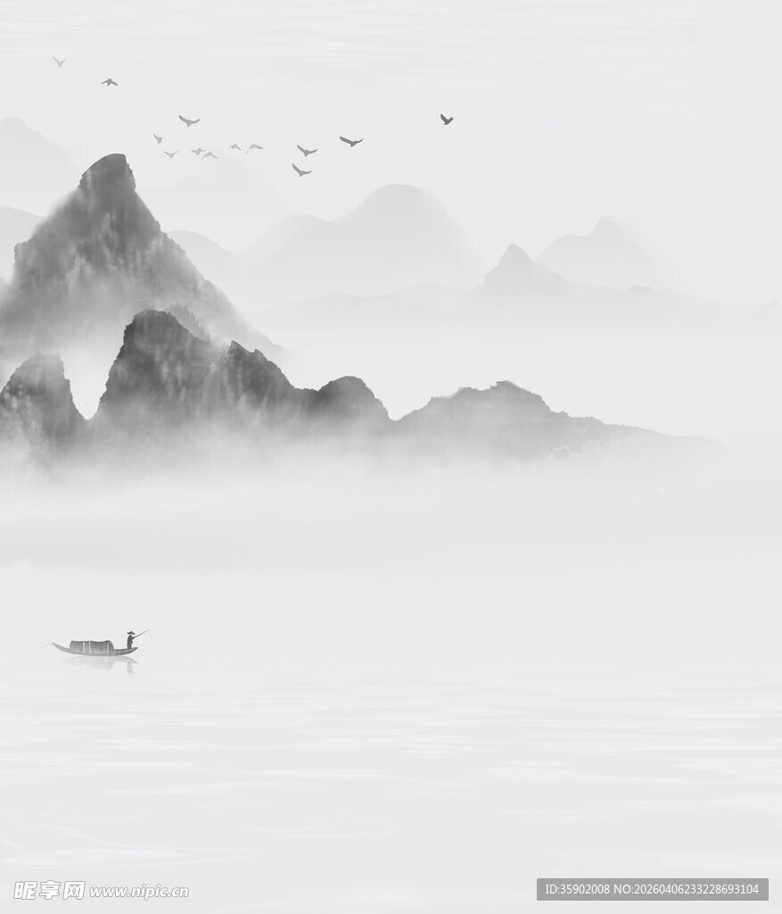 水墨山水间的孤舟意境