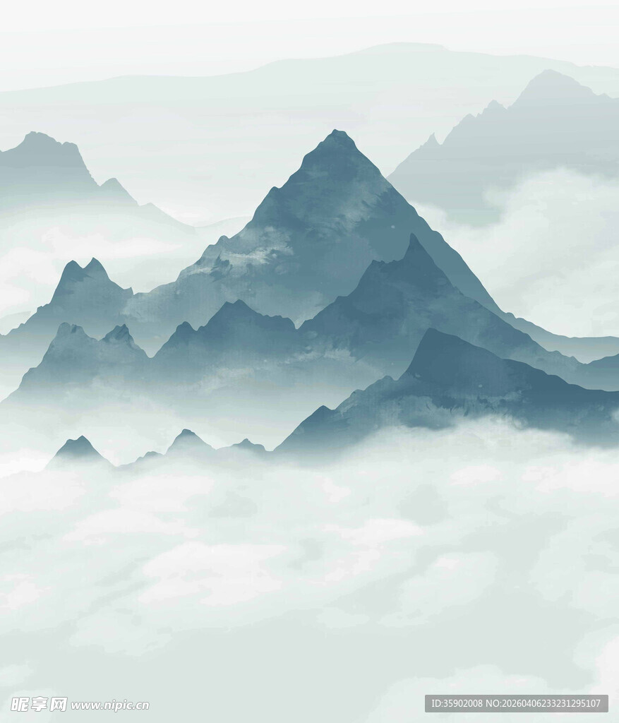 水墨云雾中的连绵山峦