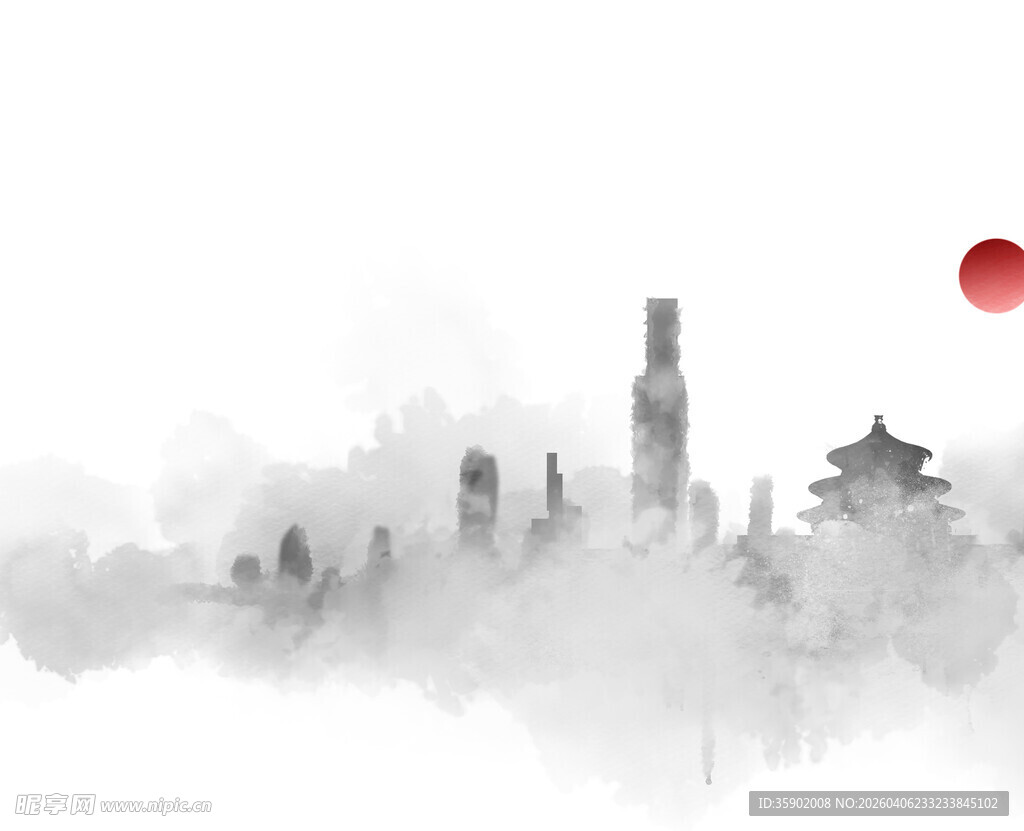 水墨风中式城市景观意境图