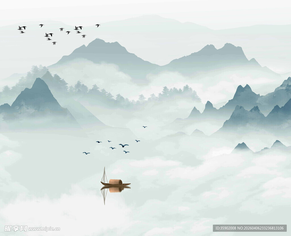 水墨山水间的孤舟飞鸟
