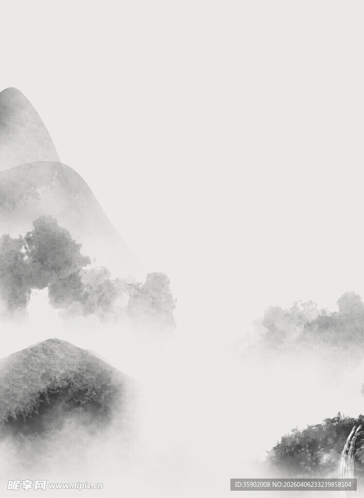 水墨山水间云雾绕山峦