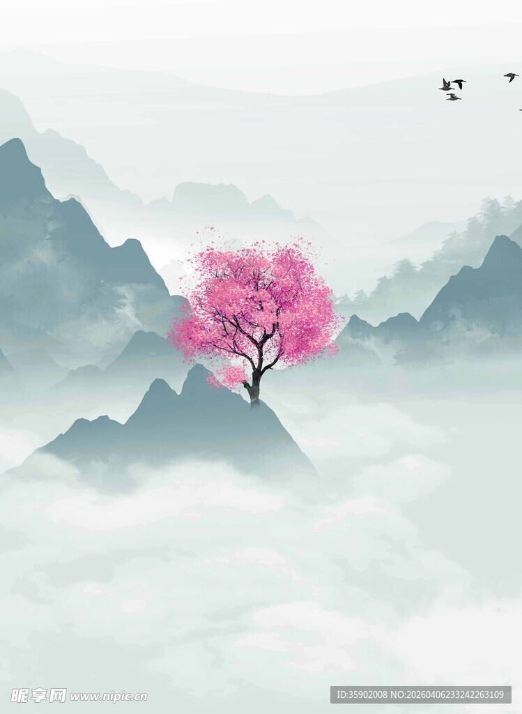 山间粉樱绽云雾飞鸟伴