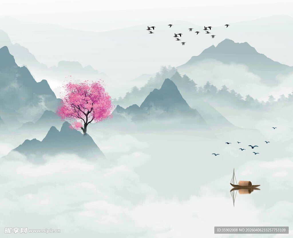 水墨山水间的粉色孤树