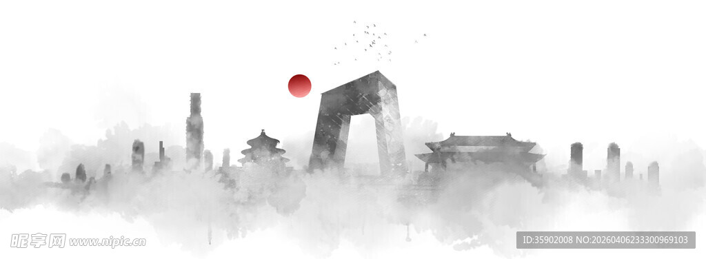 水墨风城市日出景象