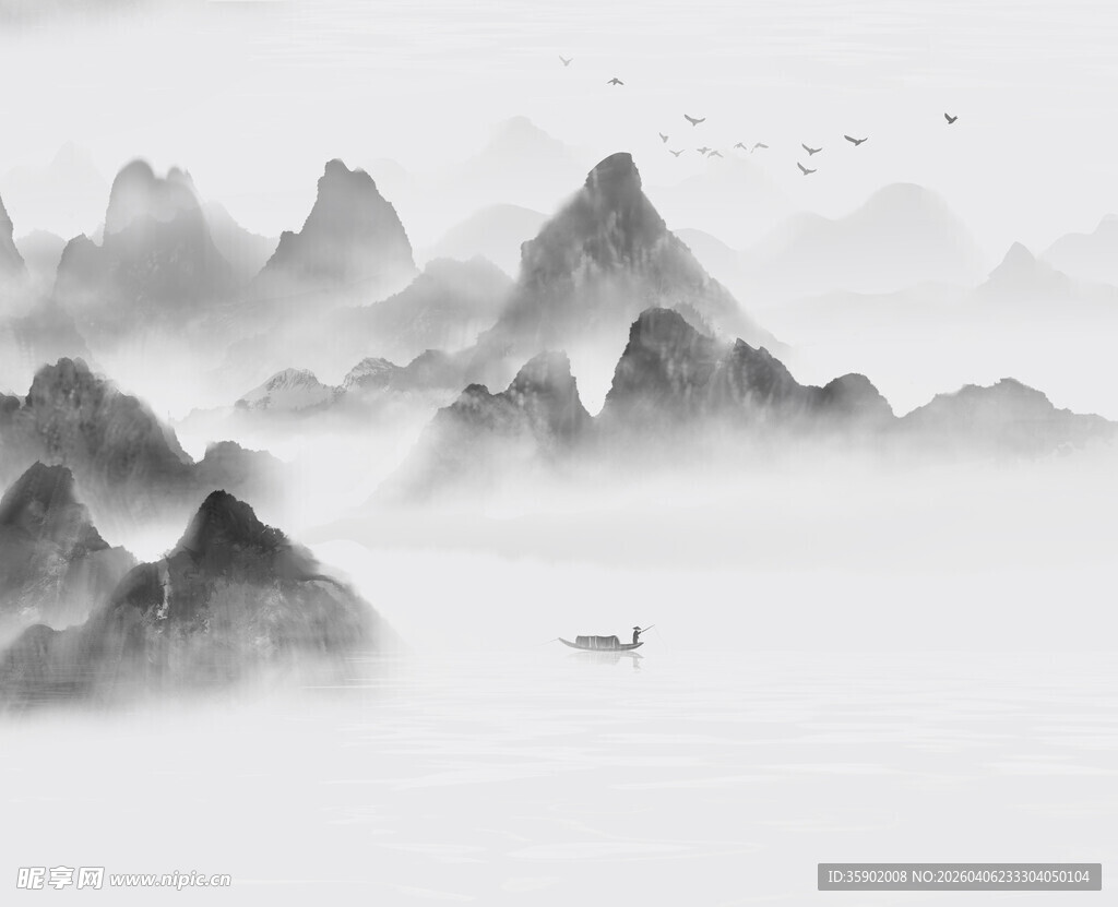 水墨山水间的孤舟意境