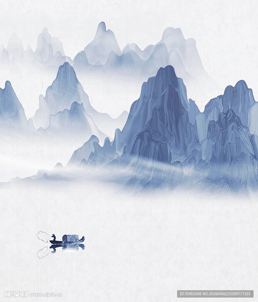 水墨山水间的孤舟