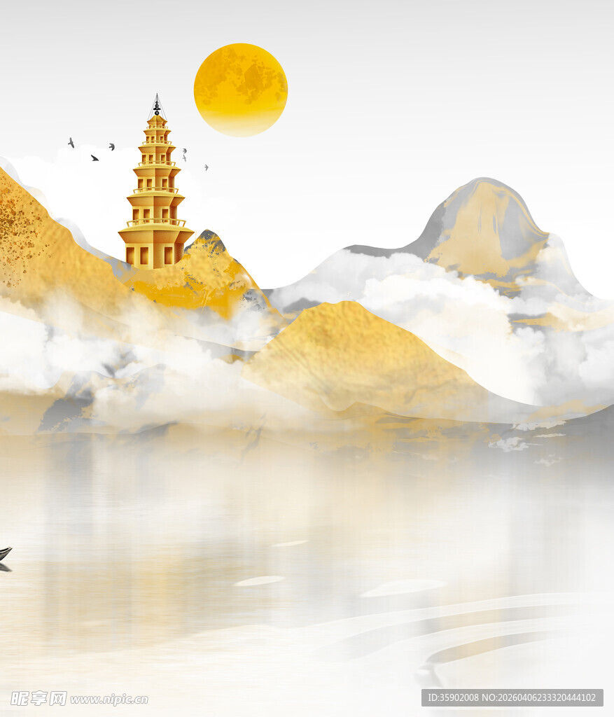 金色山水间的巍峨古塔