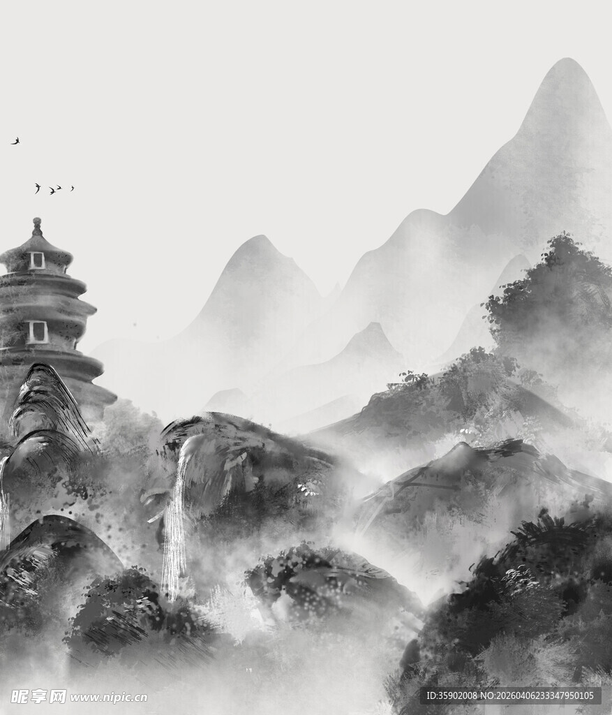 水墨山水间的古韵楼阁