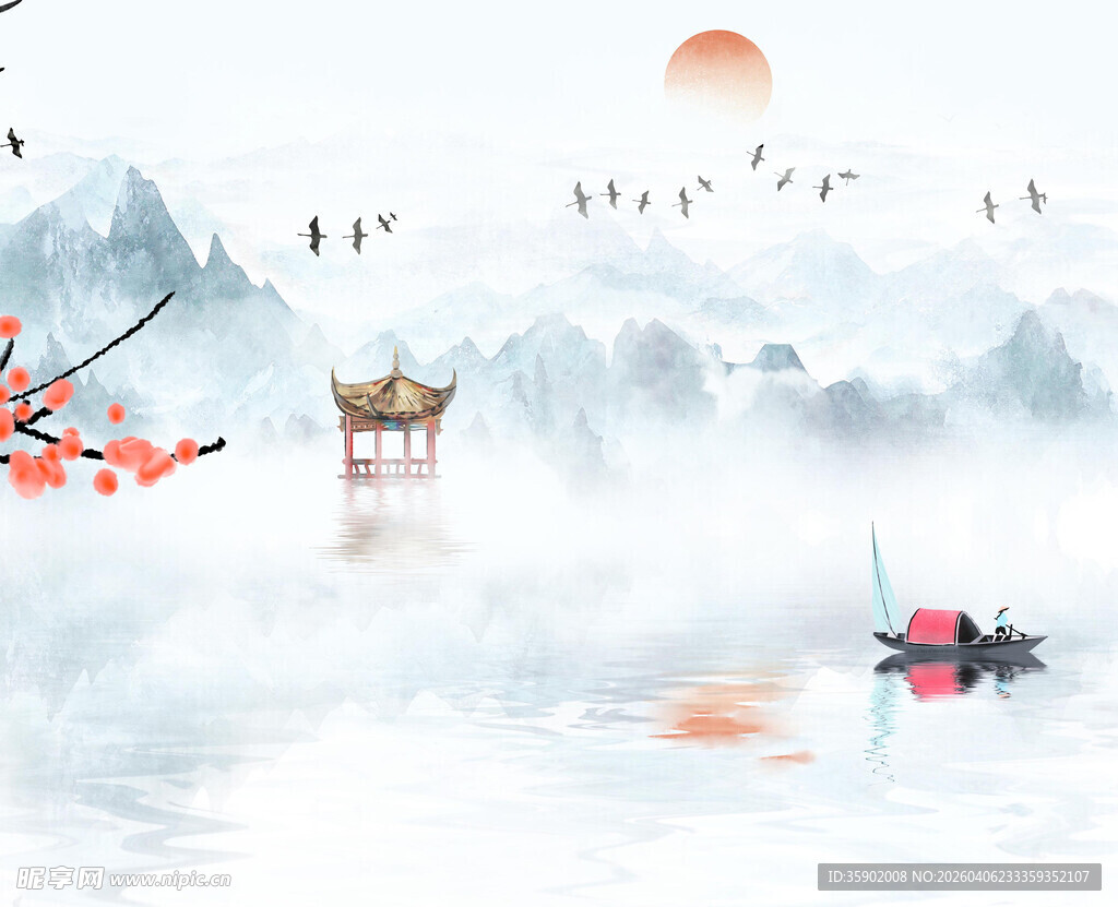 水墨山水间的诗意泛舟景