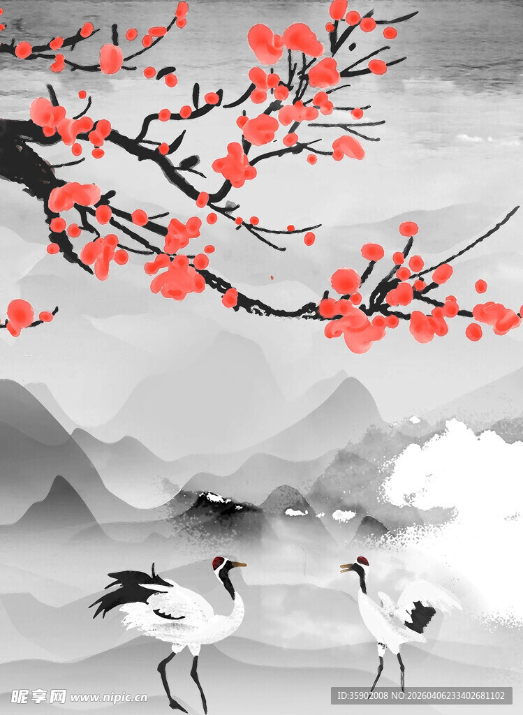 水墨梅花双鹤图